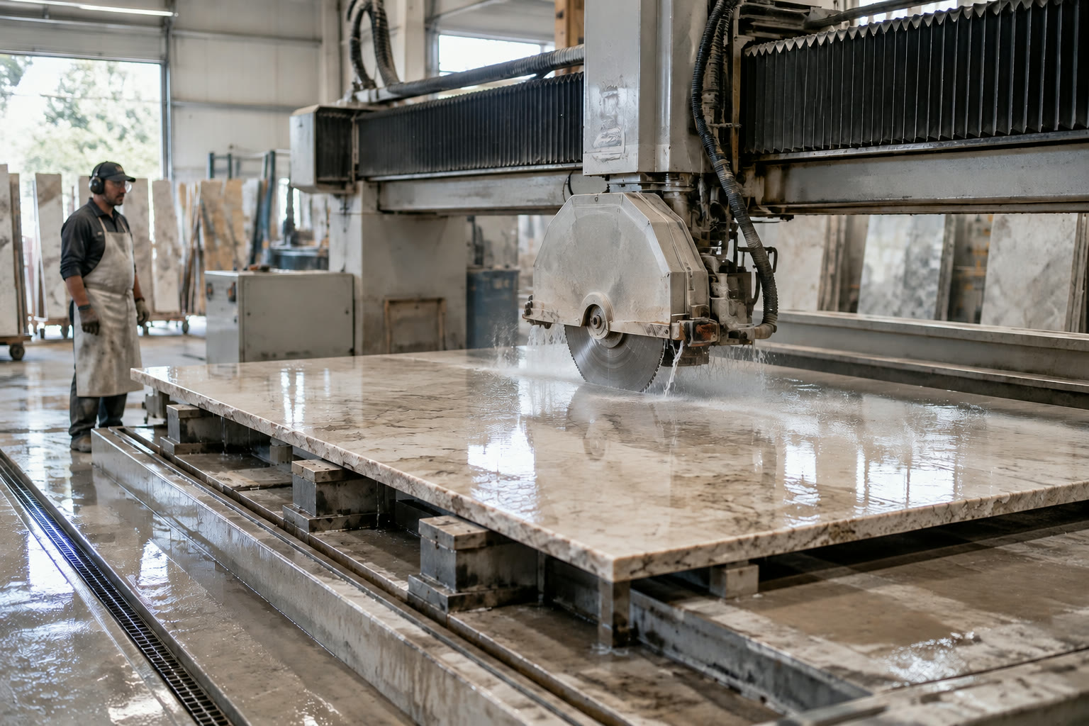 Bridge saw CNC cutting a natural-stone slab in a working fabrication shop