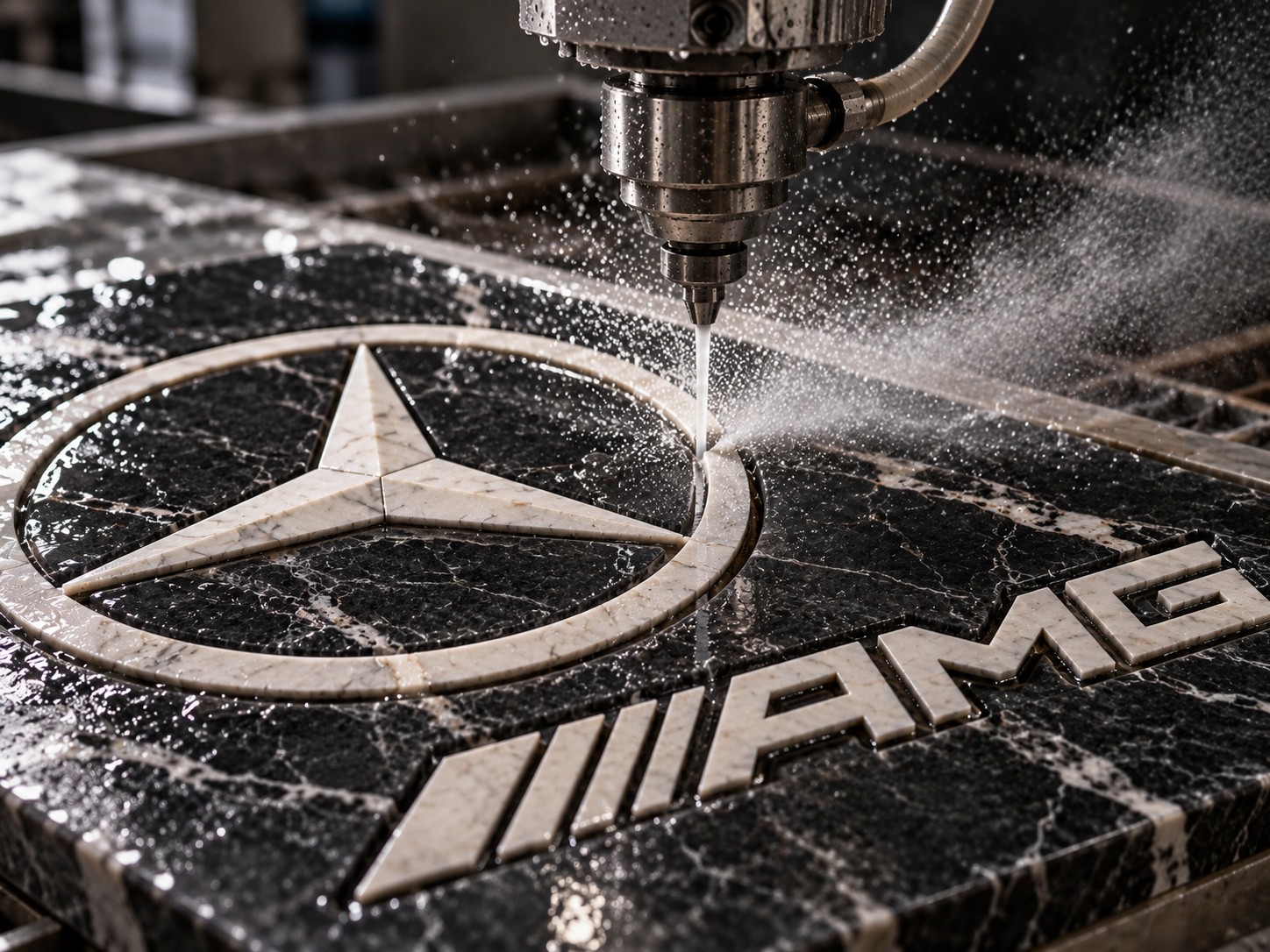 Precision waterjet cutting a natural-stone emblem inlay